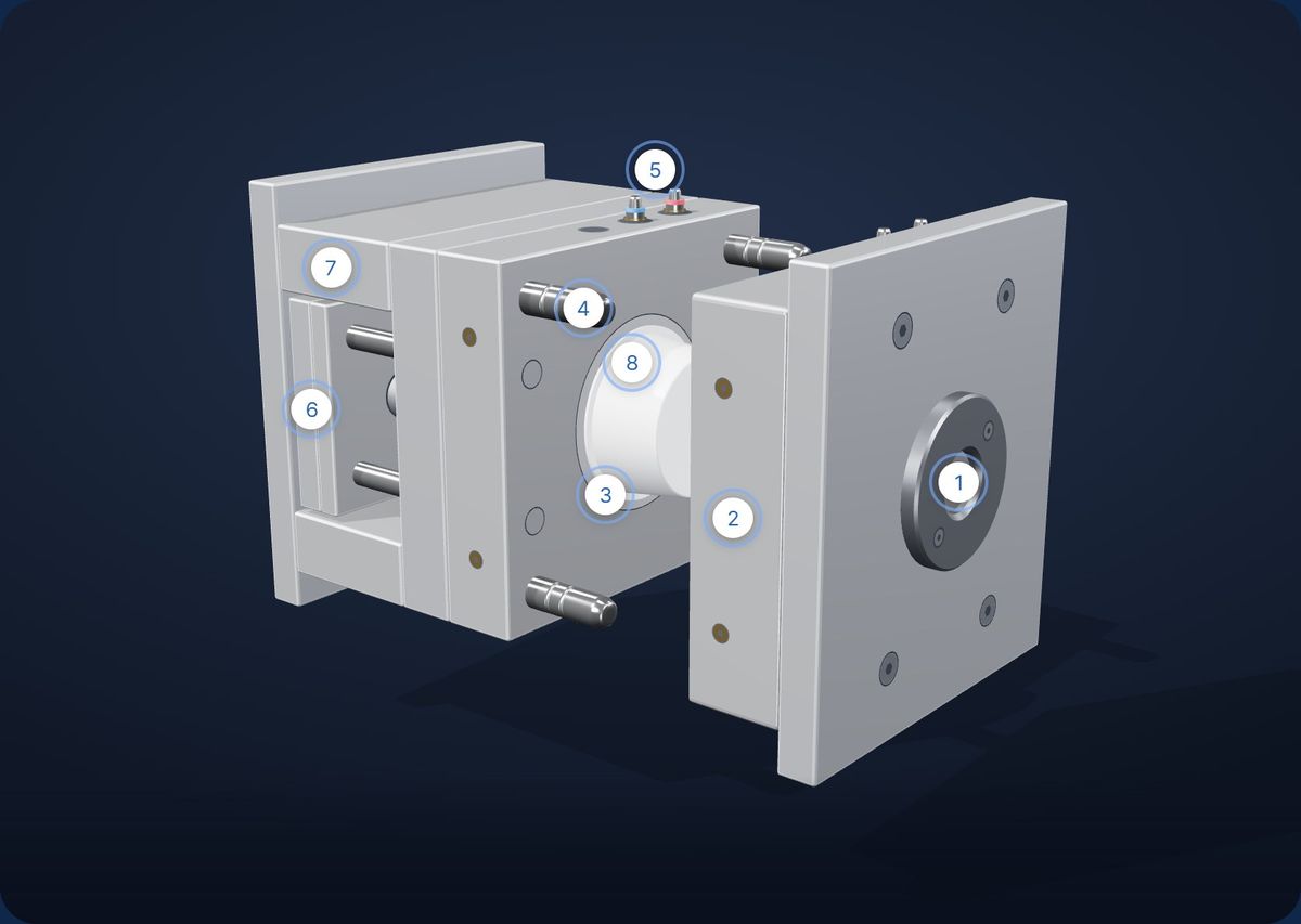 사출 금형 3D 모델 — 금형이 열린 모습 / 3D injection mold — opened