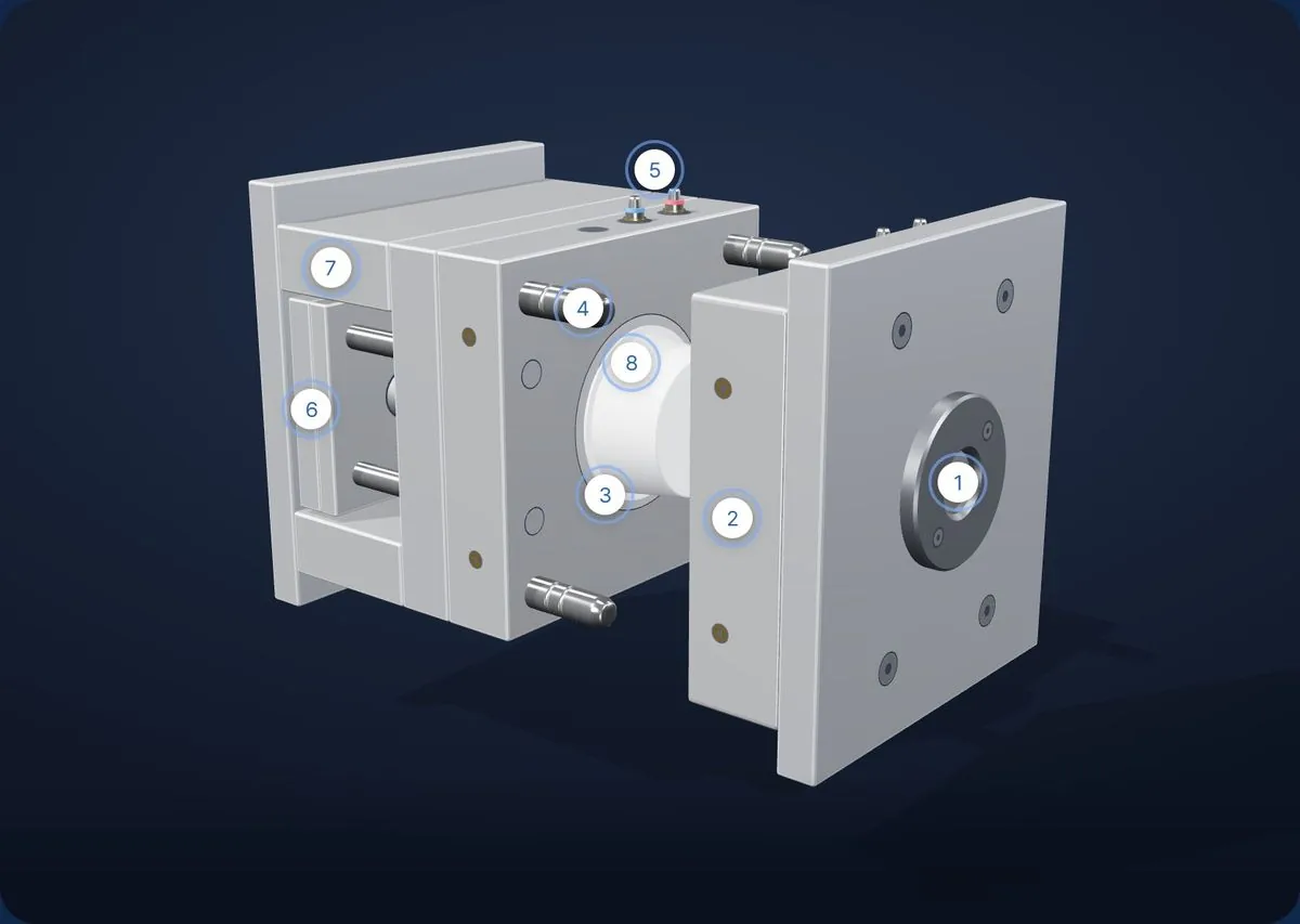사출 금형 3D 모델, 금형이 열린 모습 / 3D injection mold, opened
